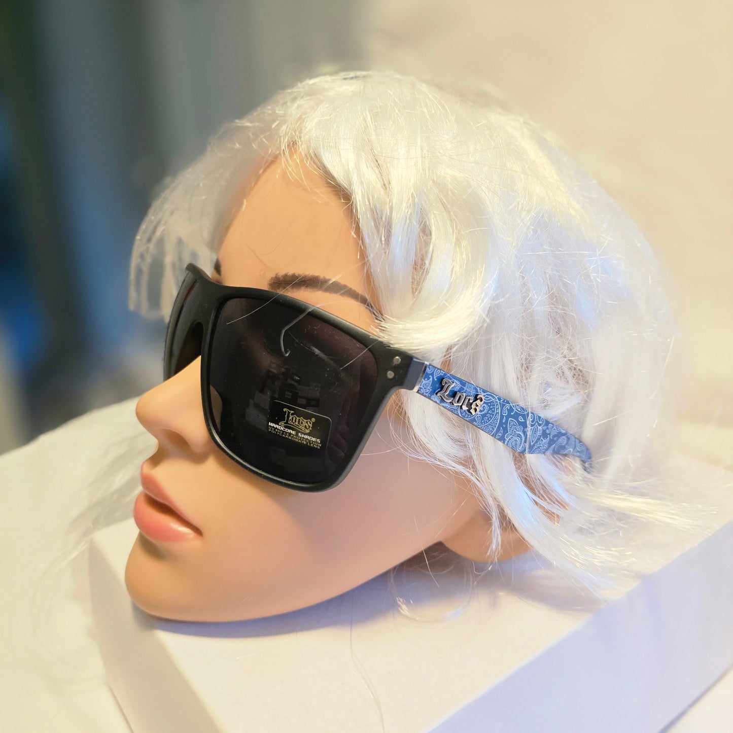 LOCS Retro Style Sunglasses Bandana Printed Temples Dark Lens Matte Black And White Frames for Men and Women
