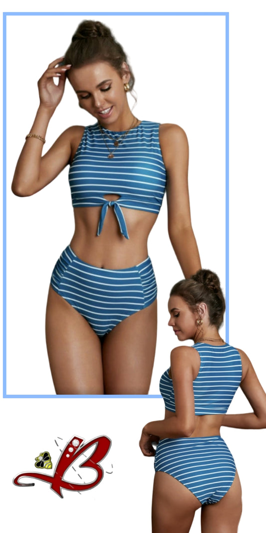 Blue Striped Tie Knot High Waist Swimsuit