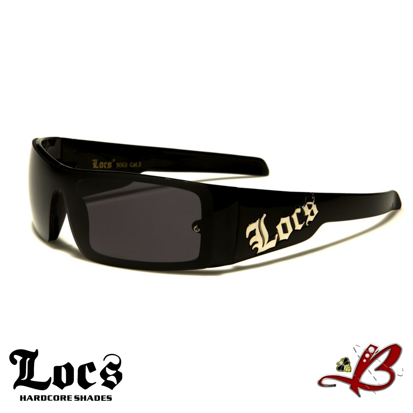 LOCS Glossy Black Large Logo Hardcore Shades OG Authentic Gangster Cholo Sunglasses Biker  Large Frame Street Trend Dark Lens Wrap Shades | Original & Authentic Locs