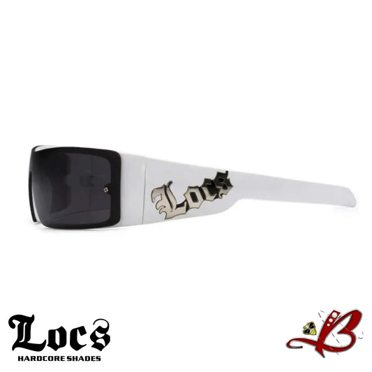 LOCS Large Logo Glossy White Frame Gangster Cholo Sunglasses Street Trend Dark Lens Wrap Shades | Original & Authentic Locs