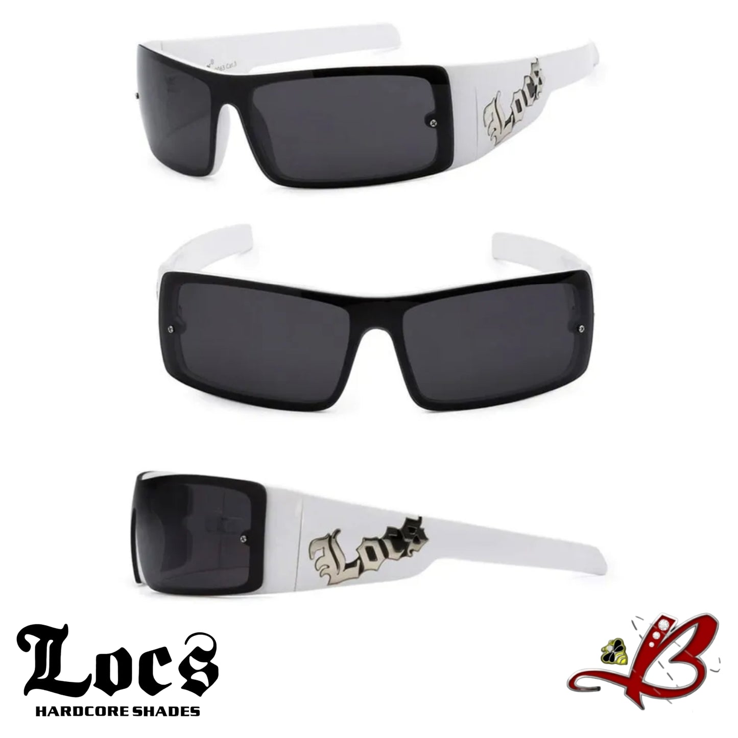 LOCS Large Logo Glossy White Frame Gangster Cholo Sunglasses Street Trend Dark Lens Wrap Shades | Original & Authentic Locs