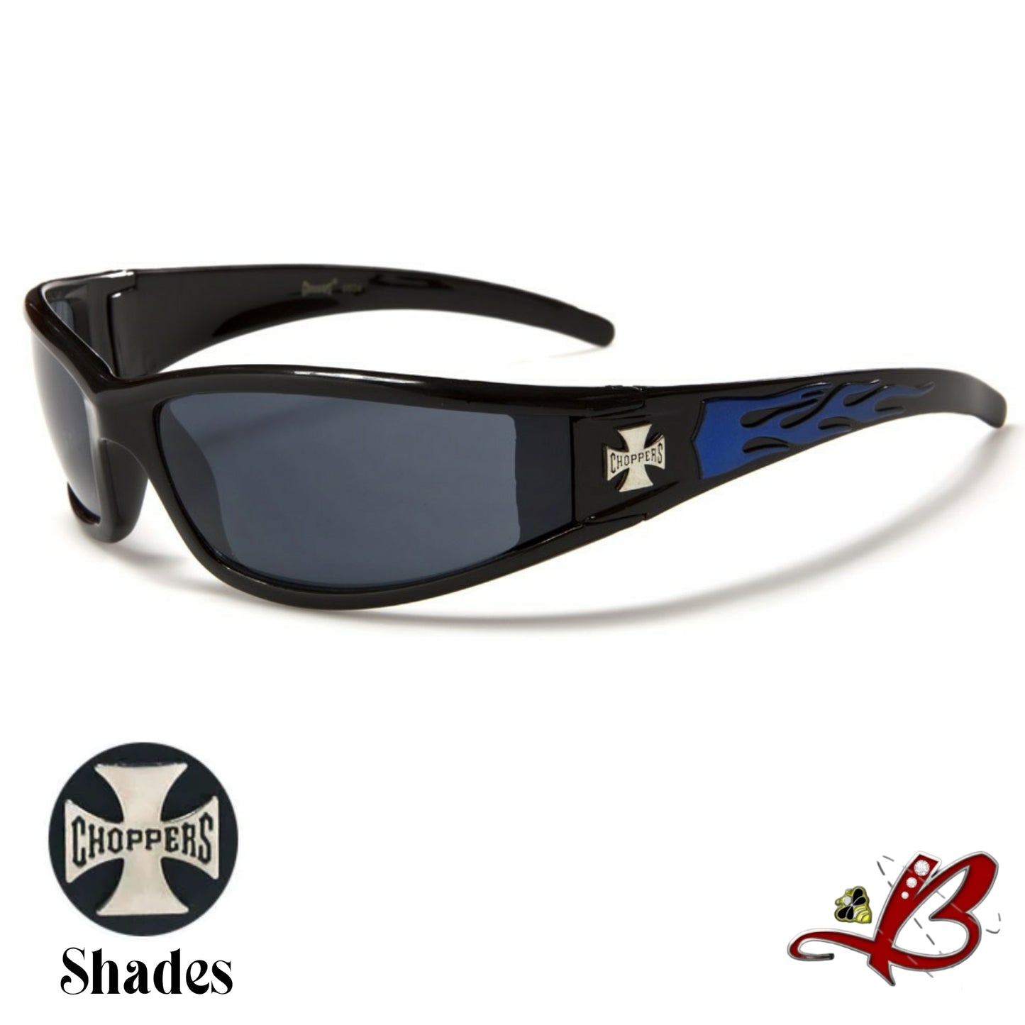 Men's Choppers Wrap Around Hardcore Biker Sunglasses Flame Print Full Rim Black Motorcycle Shades