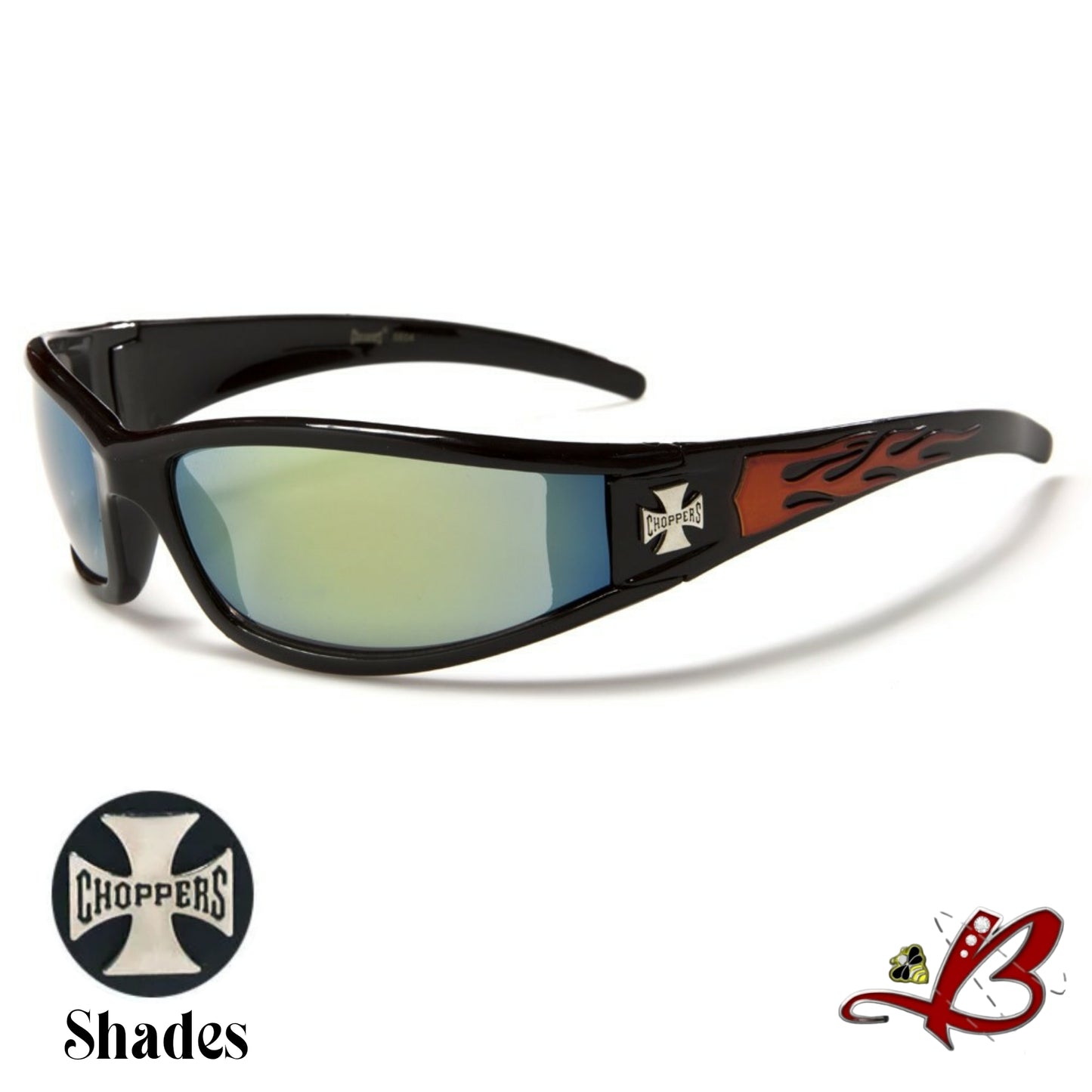 Men's Choppers Wrap Around Hardcore Biker Sunglasses Flame Print Full Rim Black Motorcycle Shades