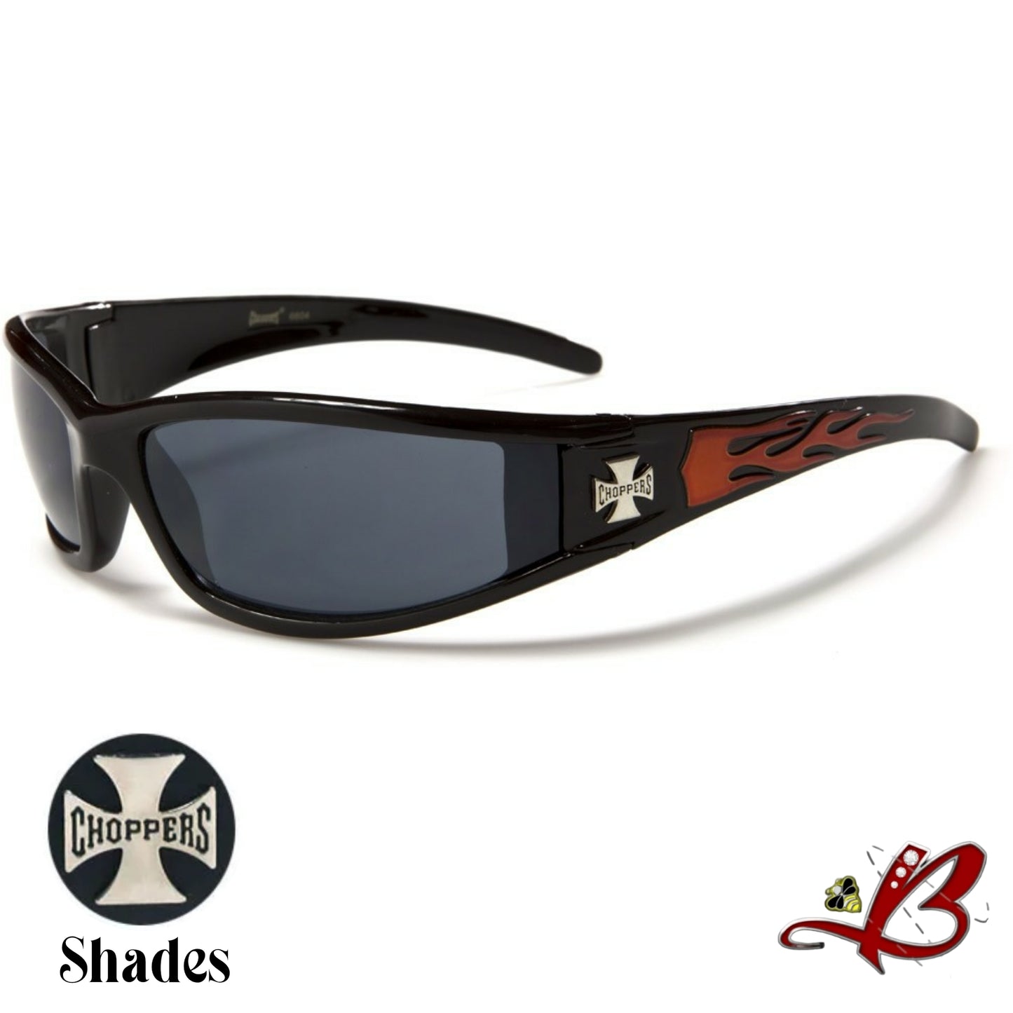 Men's Choppers Wrap Around Hardcore Biker Sunglasses Flame Print Full Rim Black Motorcycle Shades