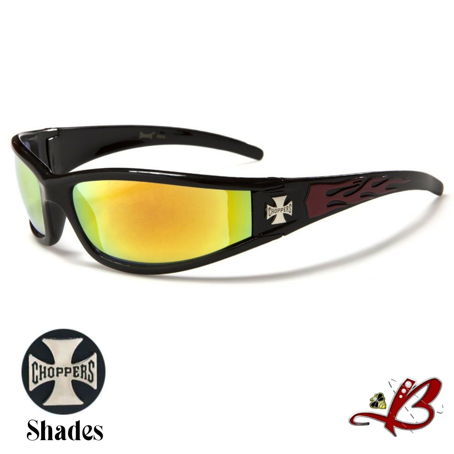 Men's Choppers Wrap Around Hardcore Biker Sunglasses Flame Print Full Rim Black Motorcycle Shades