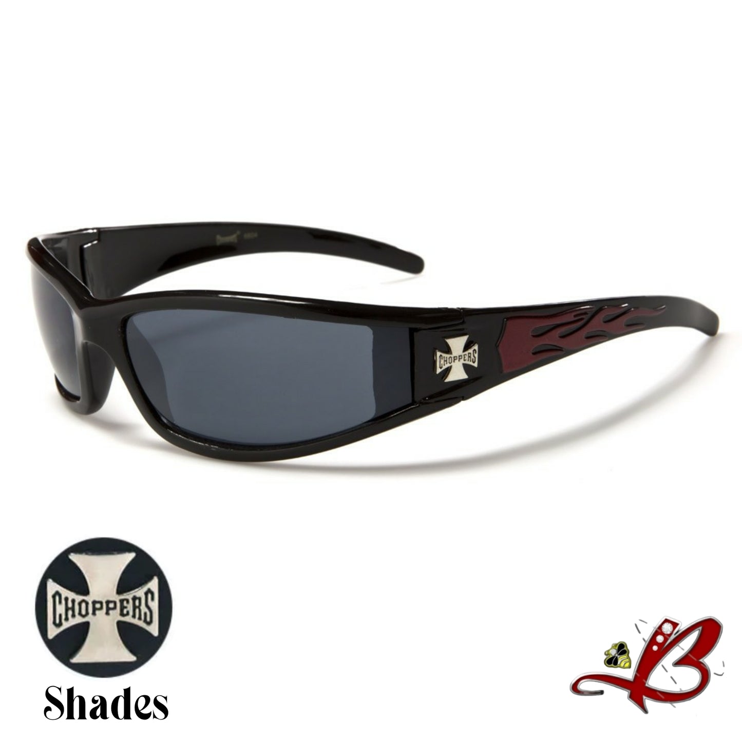 Men's Choppers Wrap Around Hardcore Biker Sunglasses Flame Print Full Rim Black Motorcycle Shades