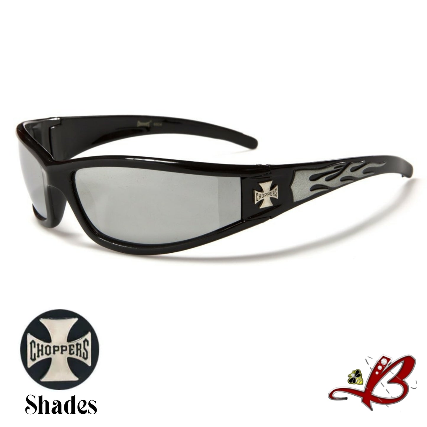 Men's Choppers Wrap Around Hardcore Biker Sunglasses Flame Print Full Rim Black Motorcycle Shades