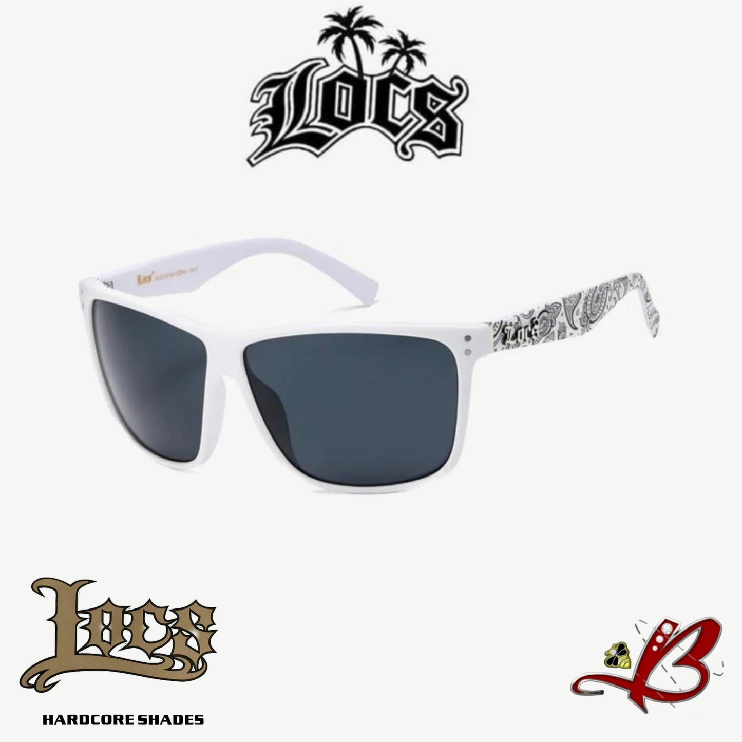 LOCS Retro Style Sunglasses Bandana Printed Temples Dark Lens Matte Black And White Frames for Men and Women