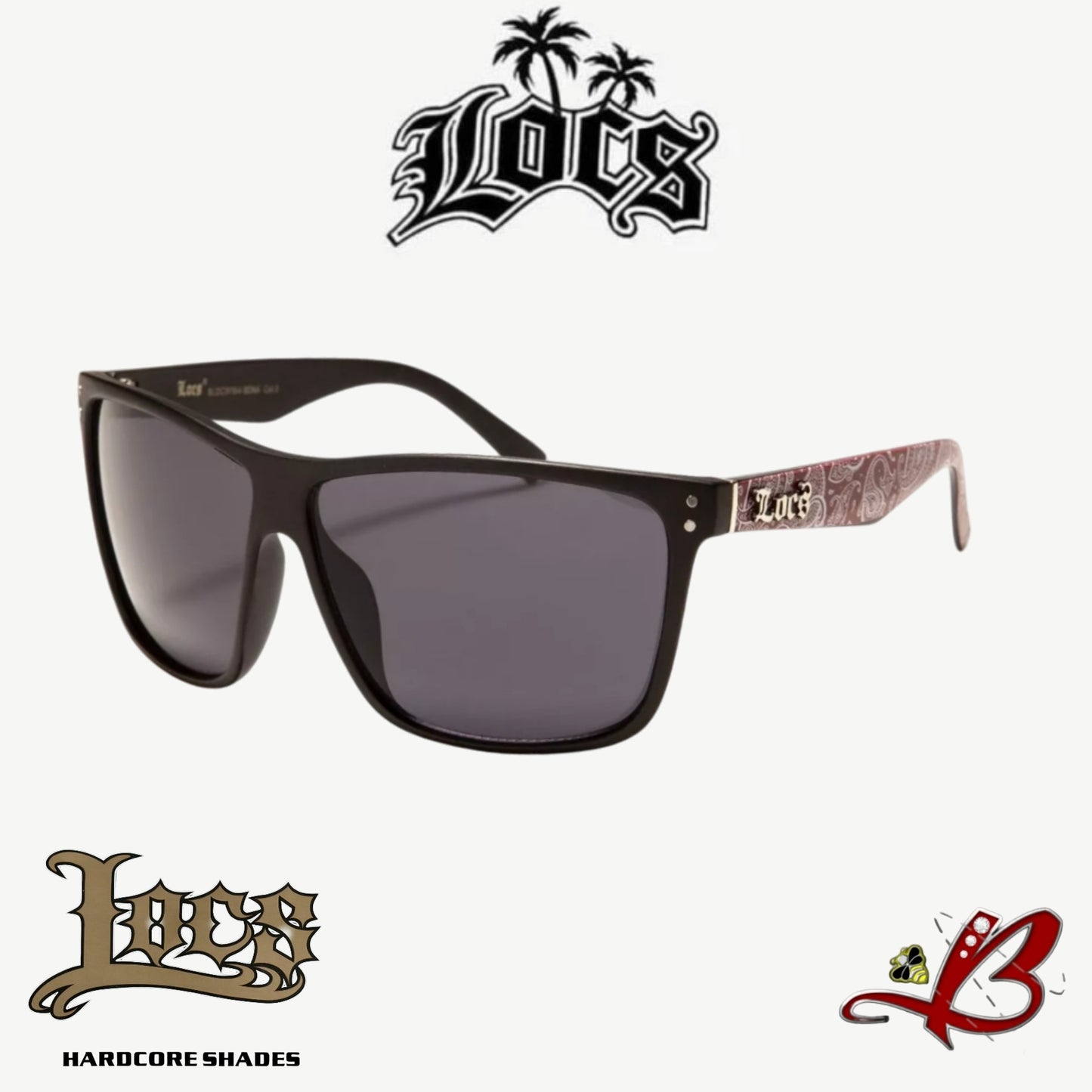 LOCS Retro Style Sunglasses Bandana Printed Temples Dark Lens Matte Black And White Frames for Men and Women