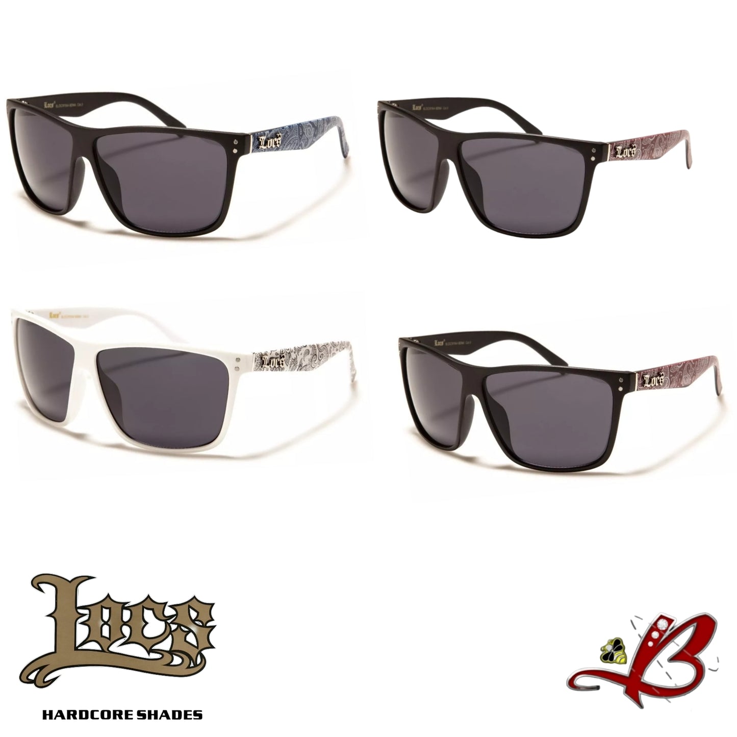 LOCS Retro Style Sunglasses Bandana Printed Temples Dark Lens Matte Black And White Frames for Men and Women