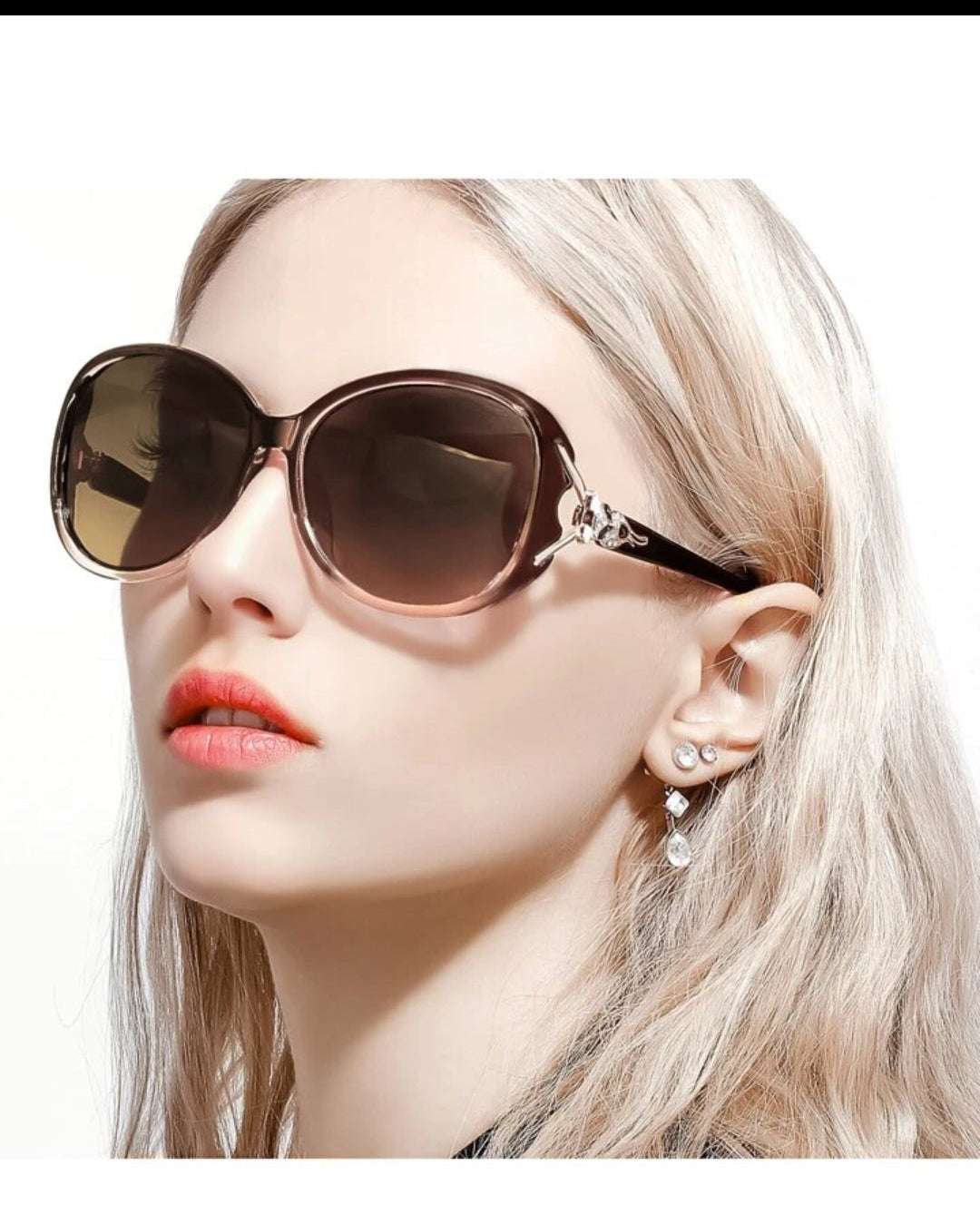 Large Frame Ladies Sunglasses with Fox Head Rhinestone Accent