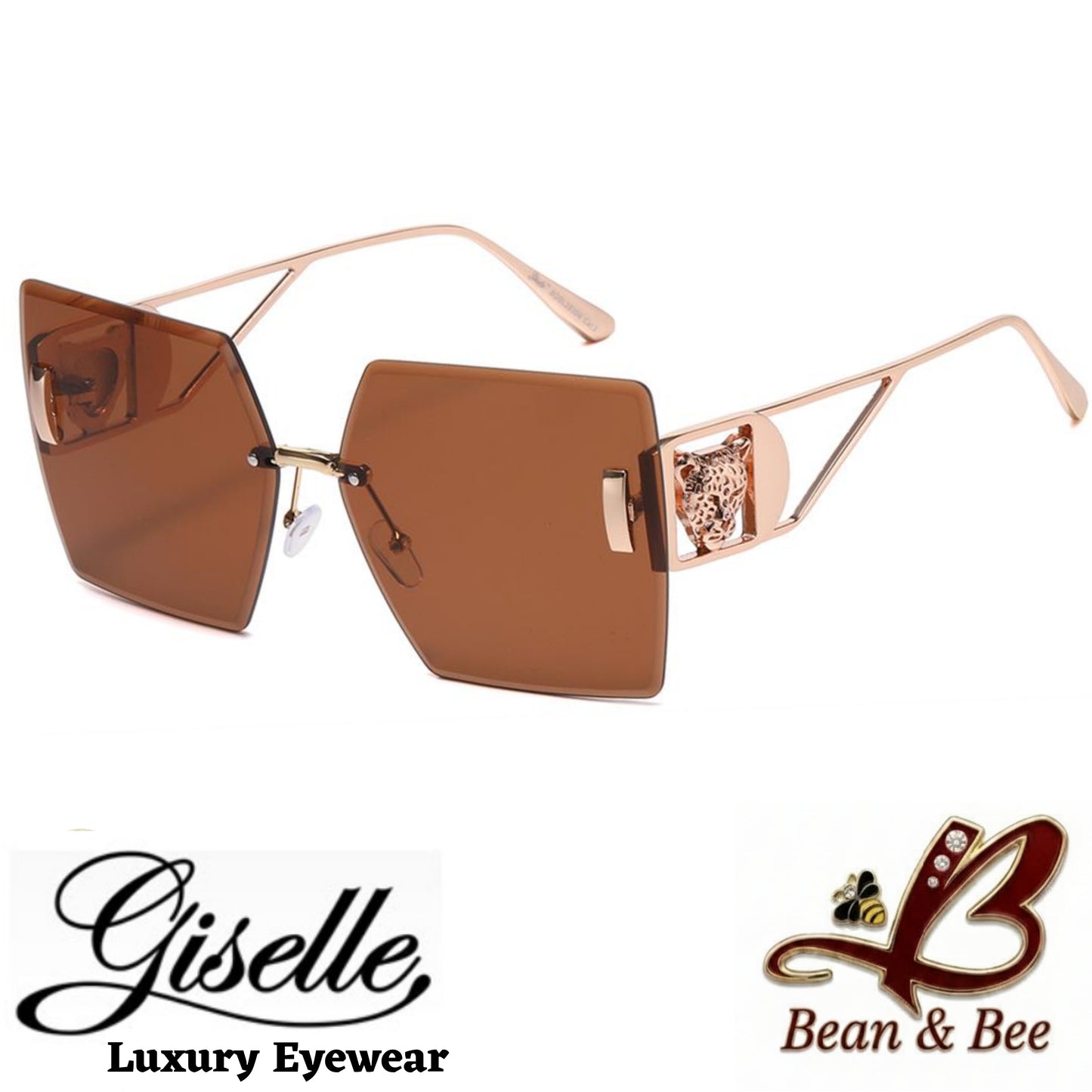 Giselle Cheetah Lux - Bean & Bee Boutique x Giselle Luxury Eyewear | Glamour Oversized Rimless Geometric Sunglasses with Gold Cheetah Temple Accents