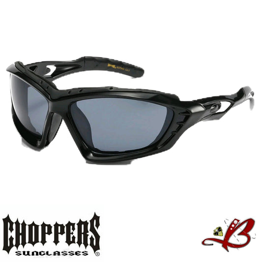 CHOPPERS Black Mesa Shades Large Wraparound Gloss Frame Finish Wind Impact Resistant Foam Padded Glasses Motorcycle Riding Sunglasses UV Protection Biker Ridaz Driving Cruiser Sunglasses | Genuine Authentic Original Choppers Brand Sunglasses