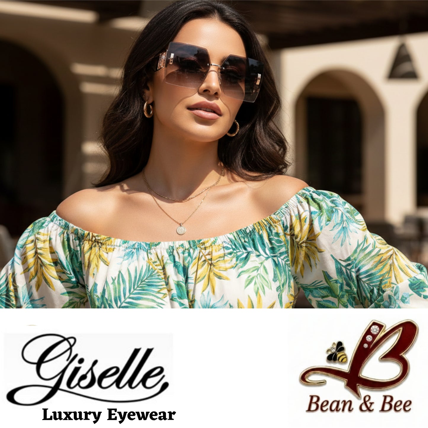 Giselle Cheetah Lux - Bean & Bee Boutique x Giselle Luxury Eyewear | Glamour Oversized Rimless Geometric Sunglasses with Gold Cheetah Temple Accents