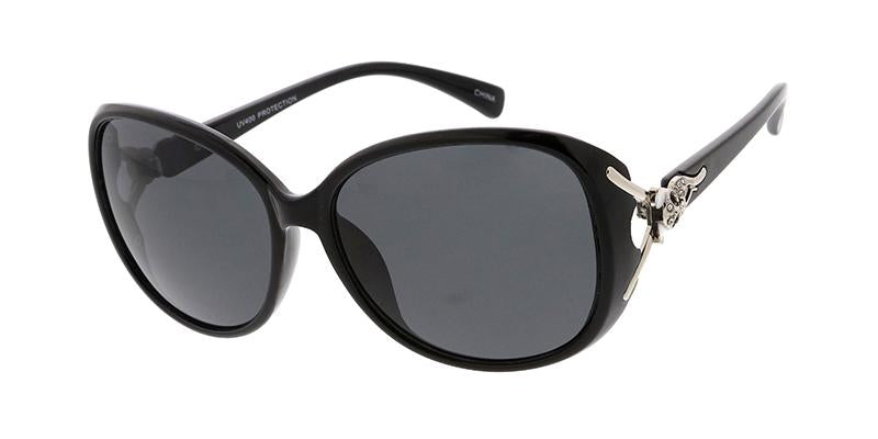 Large Frame Ladies Sunglasses with Fox Head Rhinestone Accent
