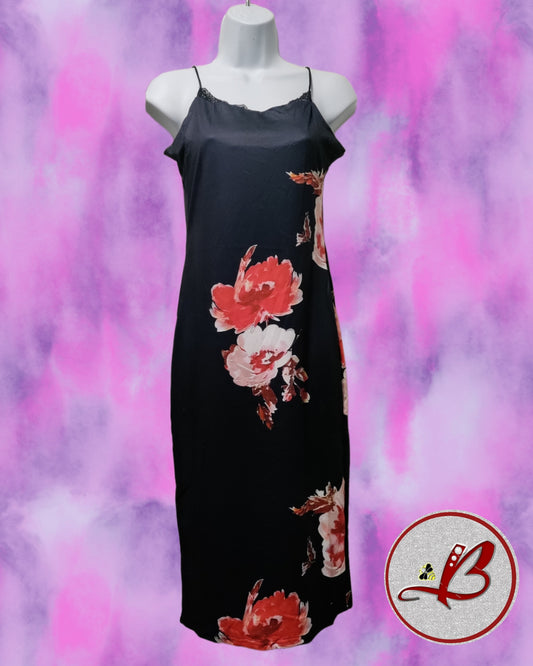 Black Satin Floral Print Dress