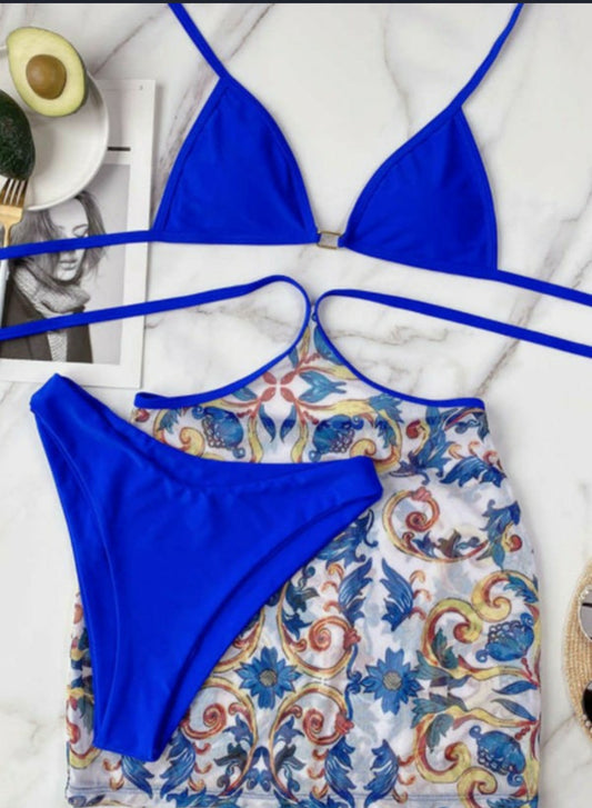 "Blue Hawaii"  3 piece bikini and sarong set