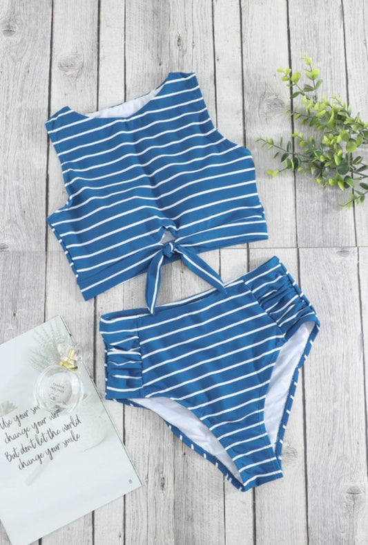 Blue Striped Tie Knot High Waist Swimsuit