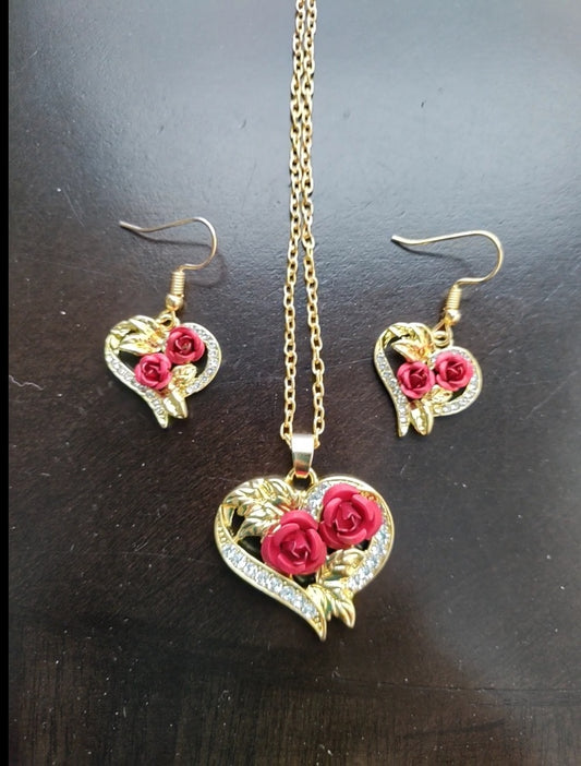 Red Roses and Diamonds Heart Shaped Pendant and Earrings