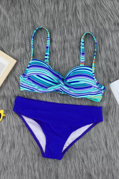 Sky Blue Twisted Top Striped Bikini Set
