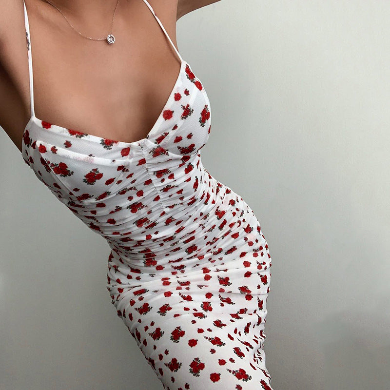 "Red Rose" Slim-fit Drawstring Halter Dress
