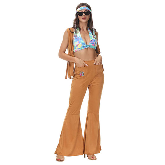 Hippie Hottie Bra and Bell-bottom Tassel Vest Costume
