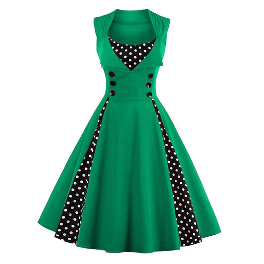 Vintage Rockabilly Polka Dot Sleeveless Cocktail Dress (Green)