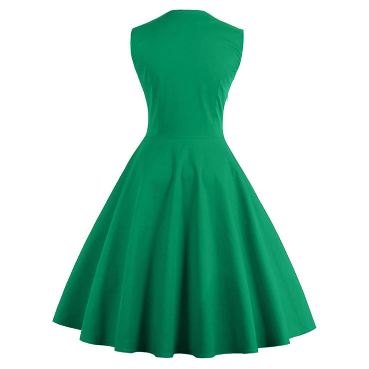 Vintage Rockabilly Polka Dot Sleeveless Cocktail Dress (Green)