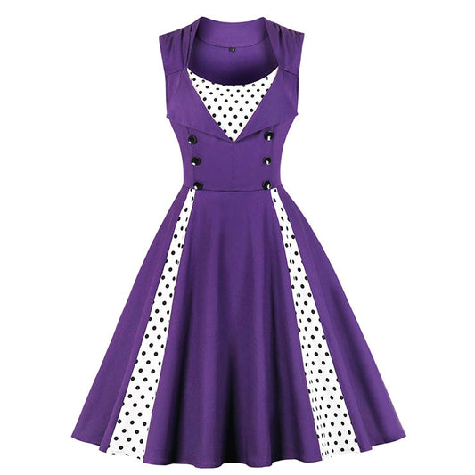 Purple Rockabilly Polka Dot Sleeveless Cocktail Swing Dress