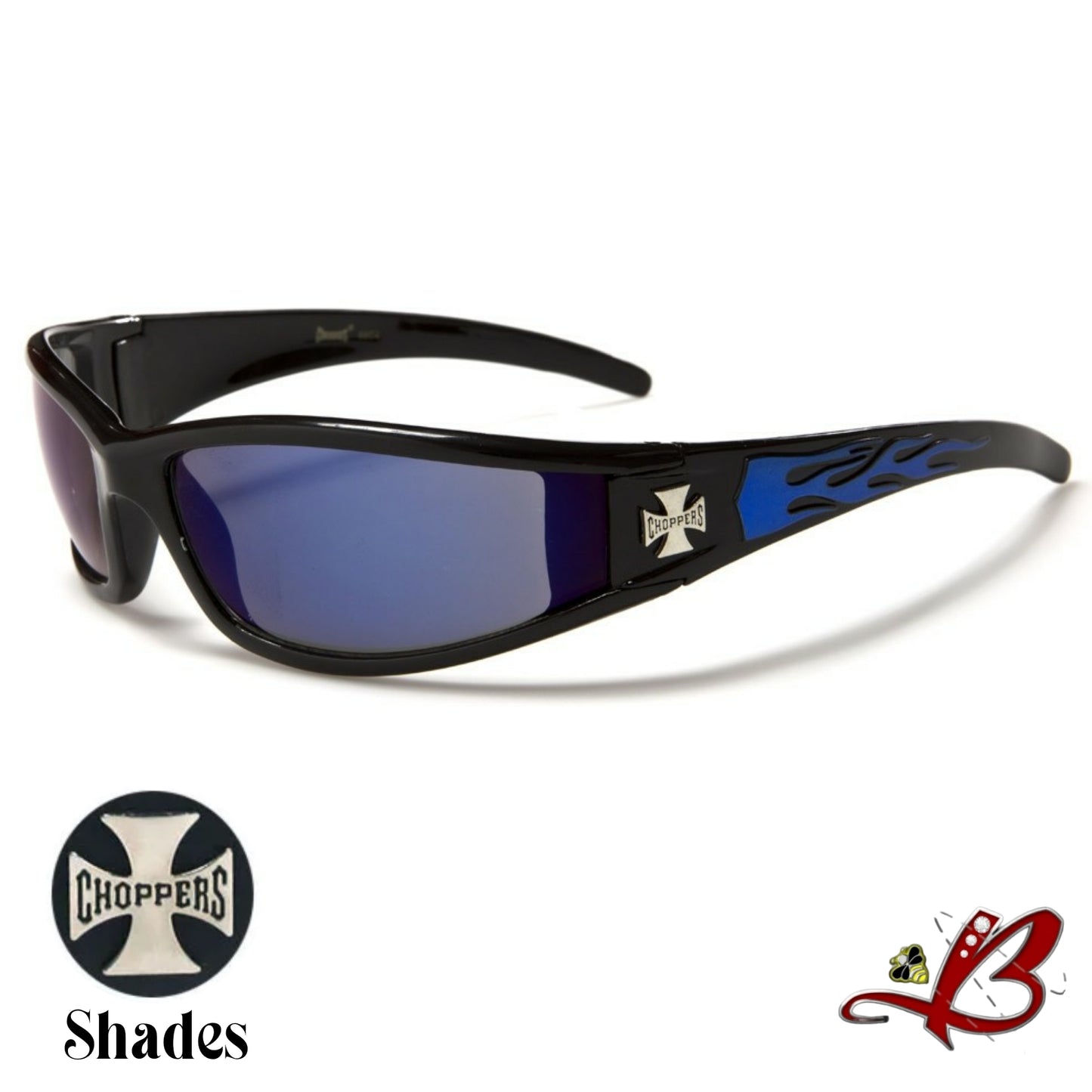 Men's Choppers Wrap Around Hardcore Biker Sunglasses  Flame Print Full Rim Black Motorcycle Shades