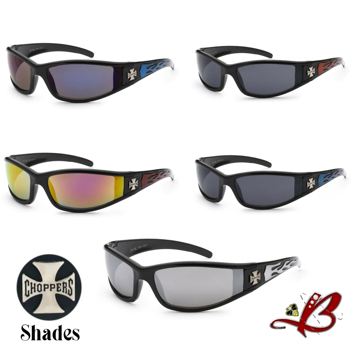 Men's Choppers Wrap Around Hardcore Biker Sunglasses  Flame Print Full Rim Black Motorcycle Shades