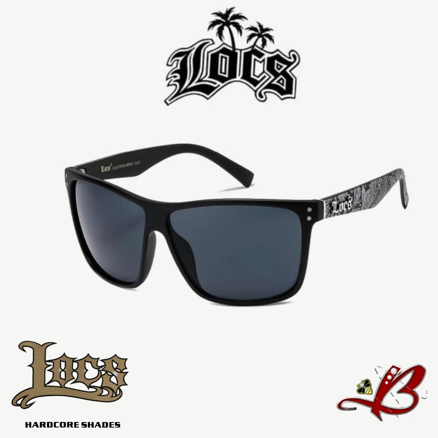 LOCS Retro Style Sunglasses Bandana Printed Temples Dark Lens Matte Black And White  Frames for Men and Women