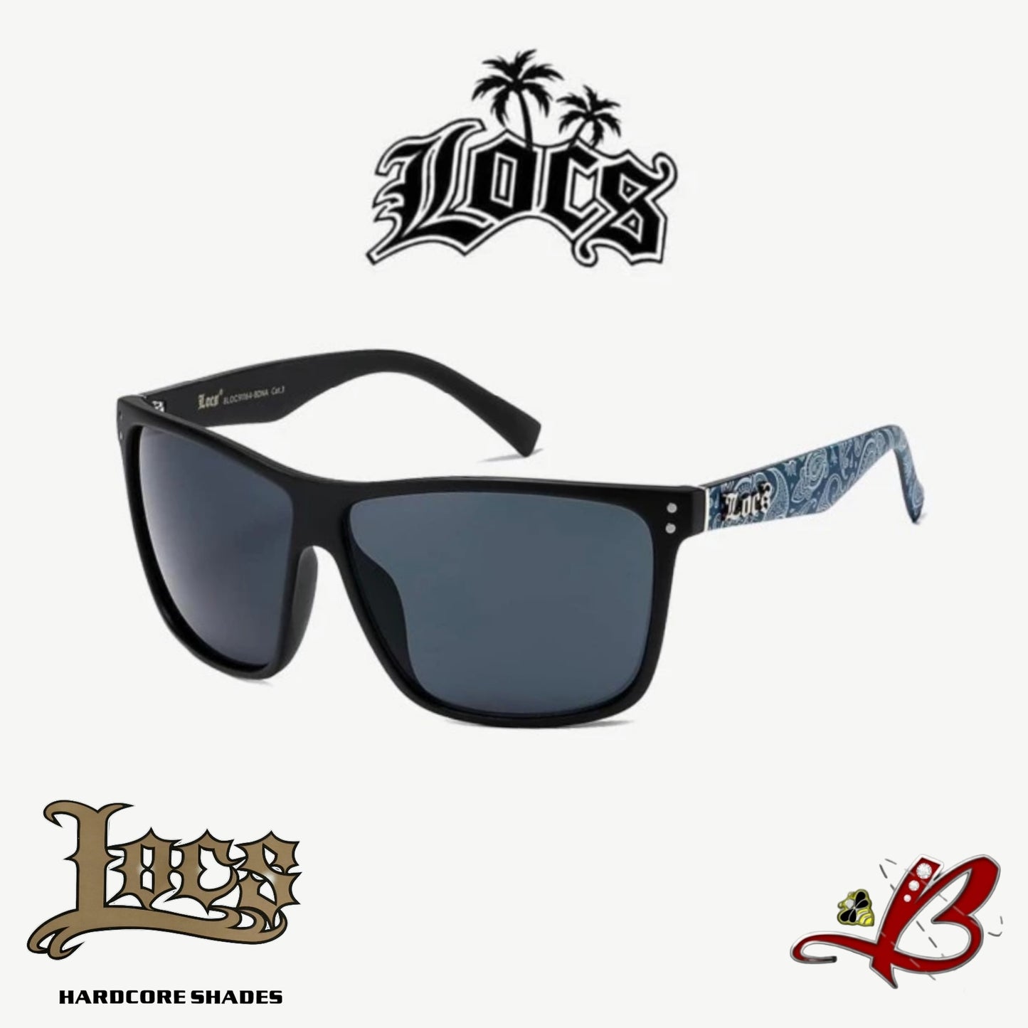 LOCS Retro Style Sunglasses Bandana Printed Temples Dark Lens Matte Black And White  Frames for Men and Women