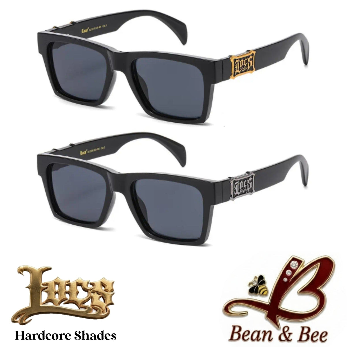 LOCS "Undertaker / Emprendedor" Hardcore Shades  Thick Square Gloss Black Frame OG Gangsta Cholo Lowrider Streetwear UV400 Protection Gothic Metal Plaque Sunglasses Hip Hop Fashion Eyewear