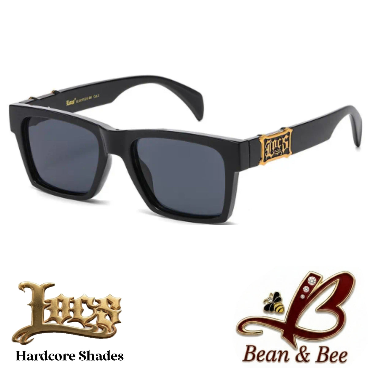LOCS "Undertaker / Emprendedor" Hardcore Shades  Thick Square Gloss Black Frame OG Gangsta Cholo Lowrider Streetwear UV400 Protection Gothic Metal Plaque Sunglasses Hip Hop Fashion Eyewear