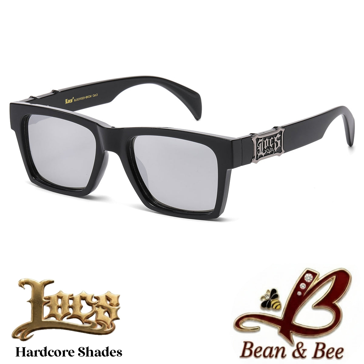 LOCS "Undertaker / Emprendedor" Hardcore Shades  Thick Square Gloss Black Frame OG Gangsta Cholo Lowrider Streetwear UV400 Protection Gothic Metal Plaque Sunglasses Hip Hop Fashion Eyewear