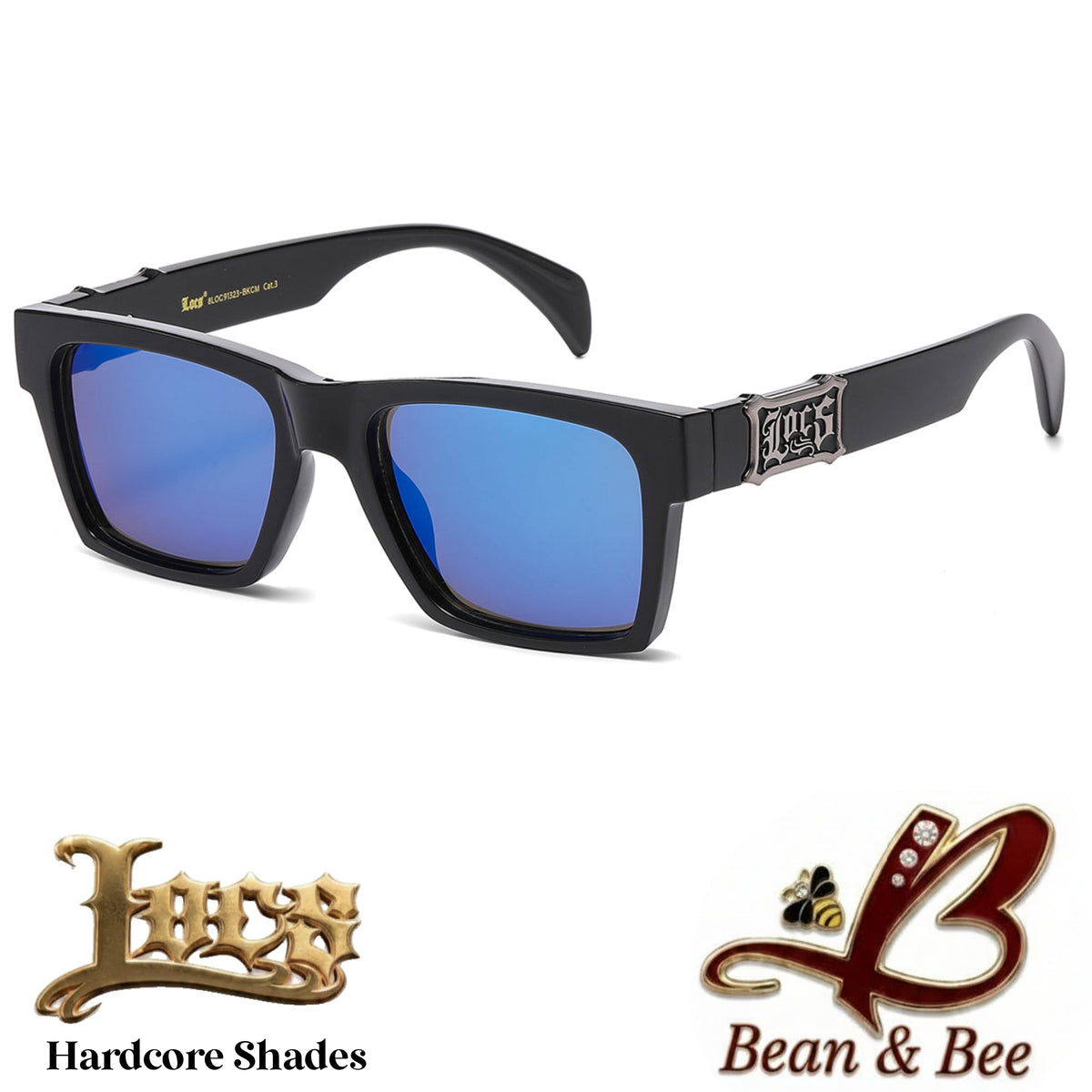 LOCS "Undertaker / Emprendedor" Hardcore Shades  Thick Square Gloss Black Frame OG Gangsta Cholo Lowrider Streetwear UV400 Protection Gothic Metal Plaque Sunglasses Hip Hop Fashion Eyewear