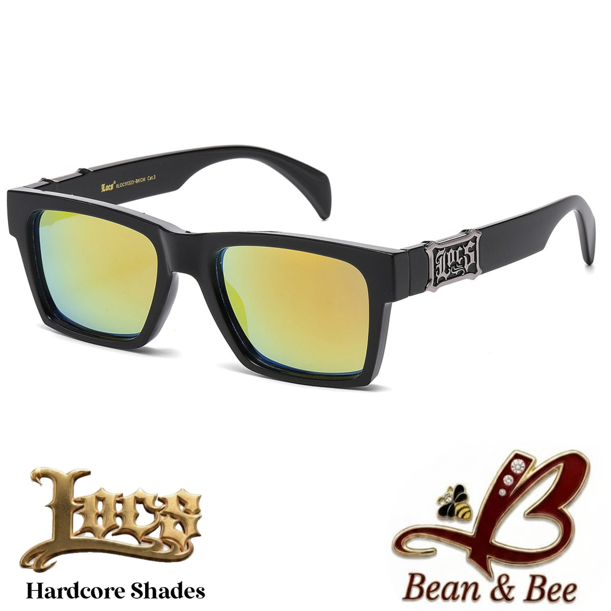 LOCS "Undertaker / Emprendedor" Hardcore Shades  Thick Square Gloss Black Frame OG Gangsta Cholo Lowrider Streetwear UV400 Protection Gothic Metal Plaque Sunglasses Hip Hop Fashion Eyewear