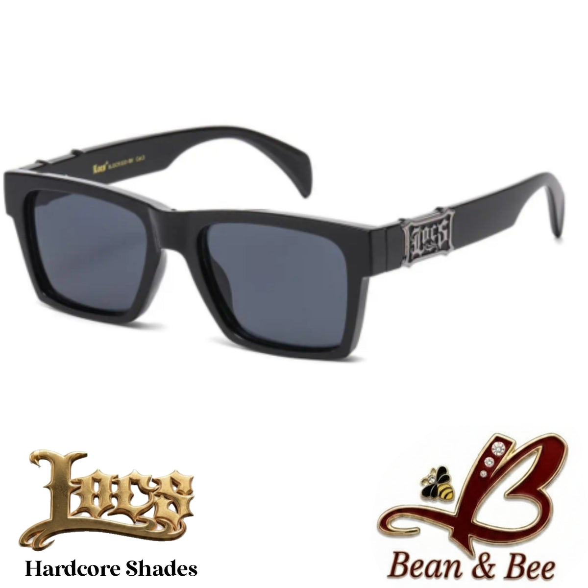 LOCS "Undertaker / Emprendedor" Hardcore Shades  Thick Square Gloss Black Frame OG Gangsta Cholo Lowrider Streetwear UV400 Protection Gothic Metal Plaque Sunglasses Hip Hop Fashion Eyewear
