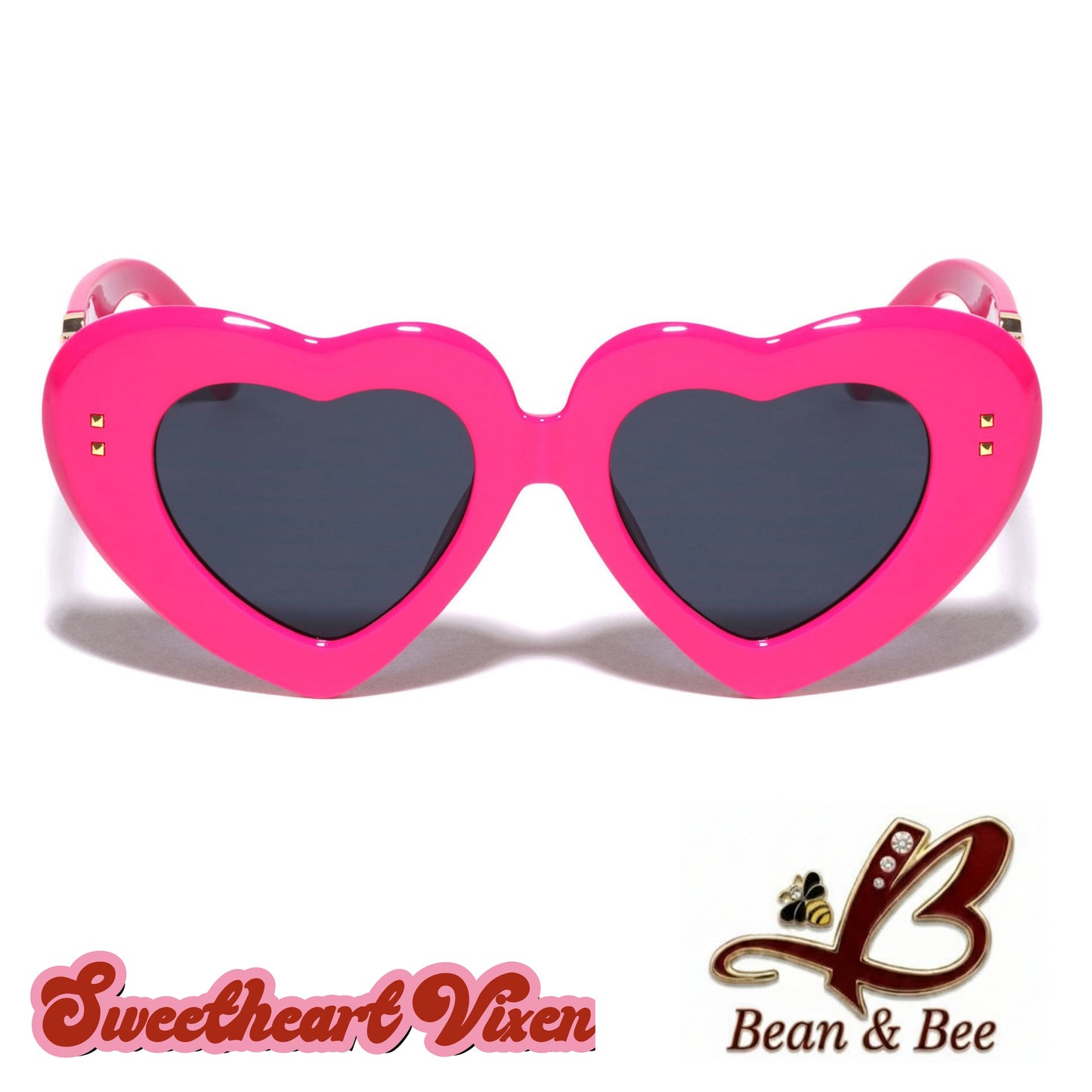 Sweetheart Vixen Shades  by Bean & Bee | Retro Heart-Shaped Sunglasses Statement Eyewear Glossy Frame with Gold V-Hardware Accent, Stud Details, Dark Tinted Lenses