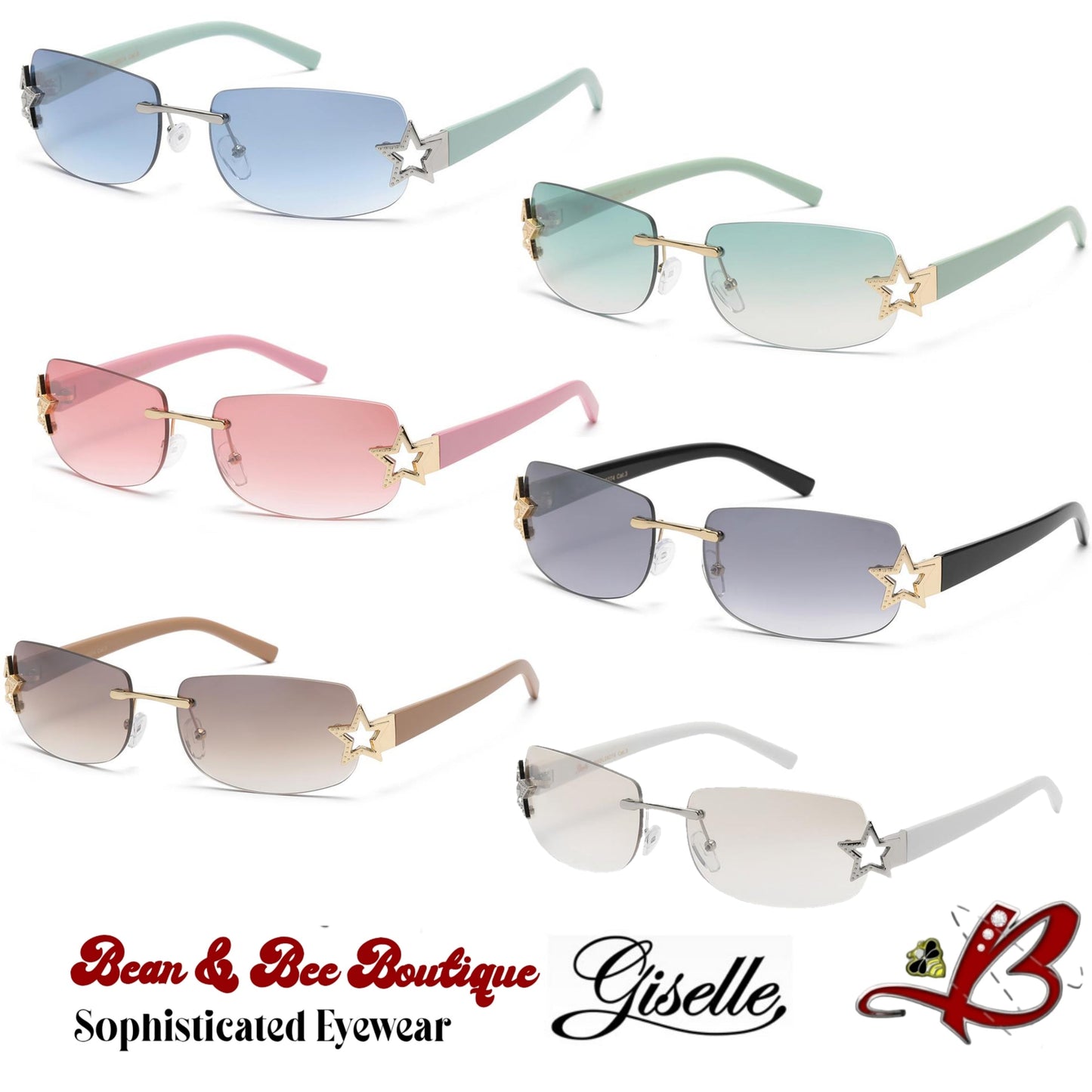 Giselle "Stargazer/Soñadora" Y2K Style Rimless Rectangular Sunglasses with Star Temple Accent in 6 Colorways Bean & Bee Boutique Sophisticated Eyewear TikTok Shop