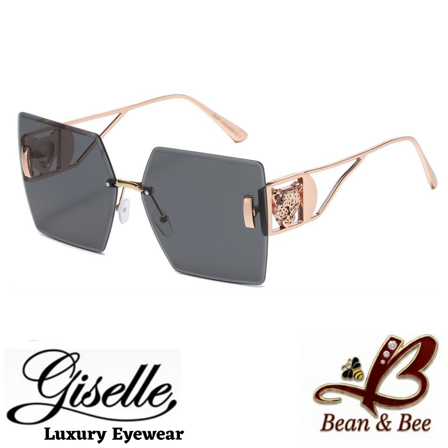 Giselle Cheetah Lux - Bean & Bee Boutique x Giselle Luxury Eyewear | Glamour Oversized Rimless Geometric Sunglasses with Gold Cheetah Temple Accents