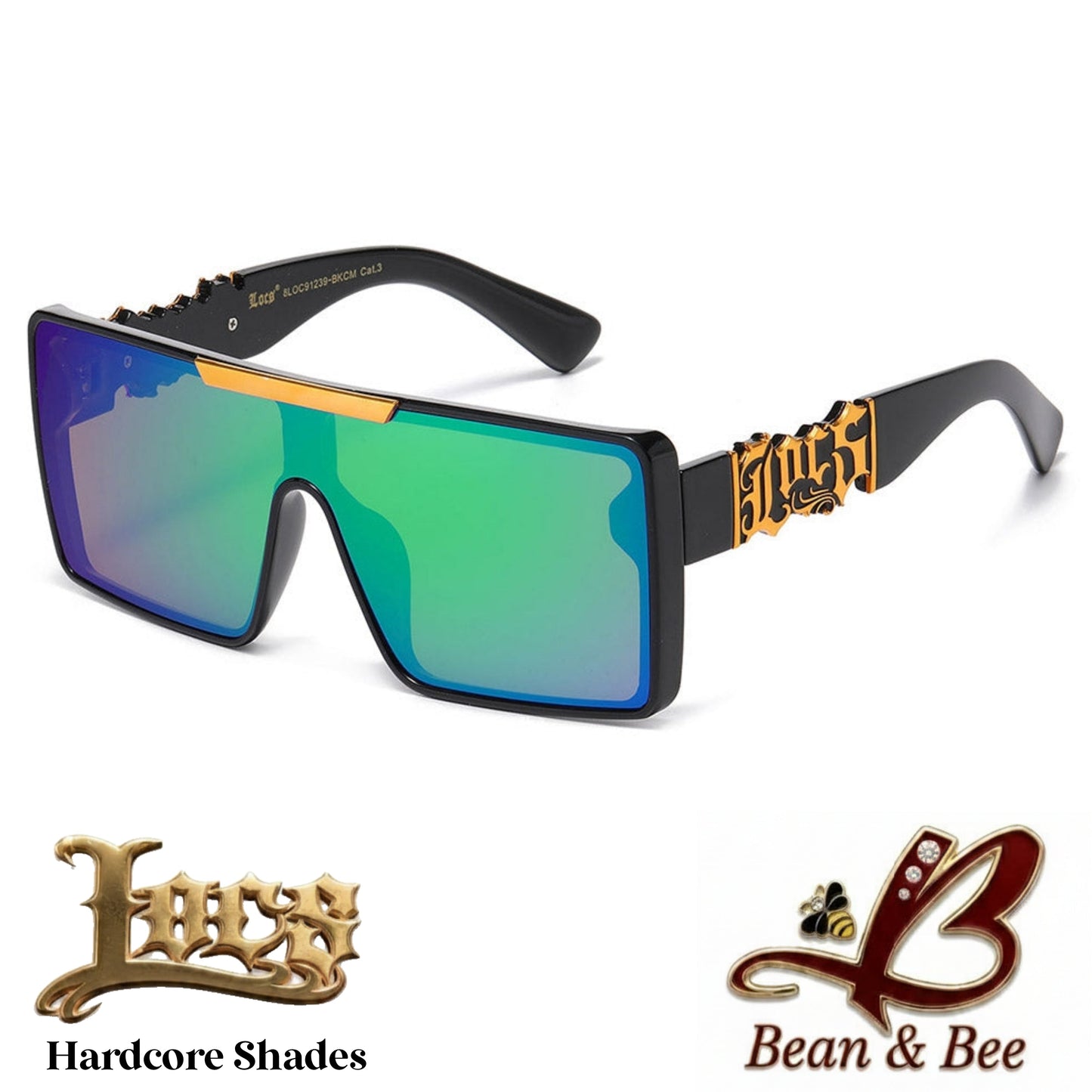 LOCS Atomic Bulldogg Hardcore Shades  Heavy-Duty Shield Sunglasses | Polished Glossy Black Flat-Top Frame w/ Metallic Script Emblem & UV400 Mirror Lenses