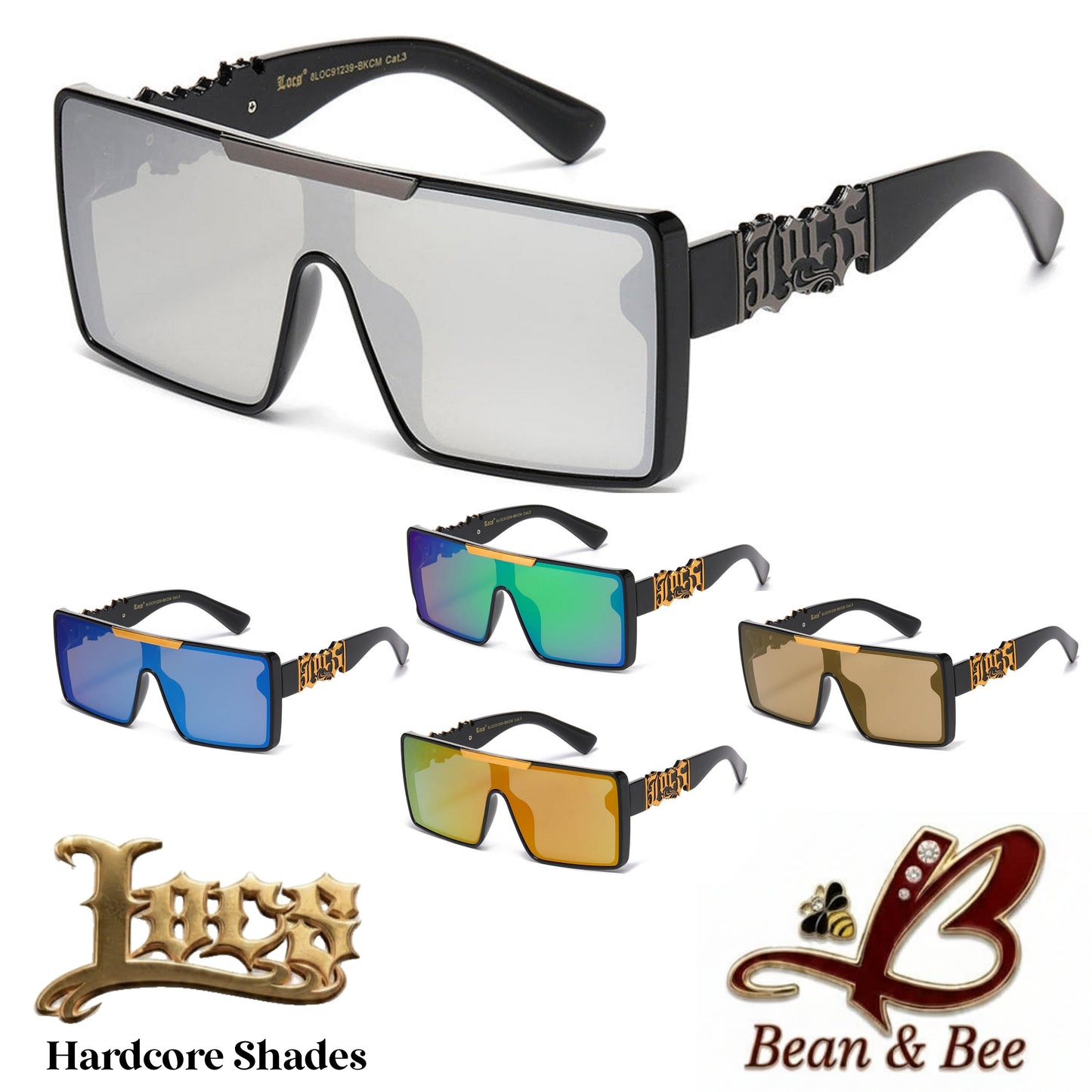 LOCS Atomic Bulldogg Hardcore Shades  Heavy-Duty Shield Sunglasses | Polished Glossy Black Flat-Top Frame w/ Metallic Script Emblem & UV400 Mirror Lenses