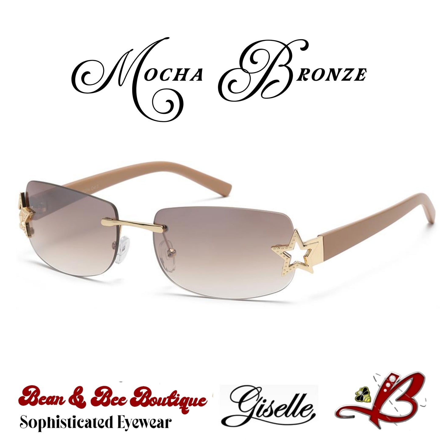 Giselle "Stargazer/Soñadora" Y2K Style Rimless Rectangular Sunglasses with Star Temple Accent in 6 Colorways Bean & Bee Boutique Sophisticated Eyewear TikTok Shop