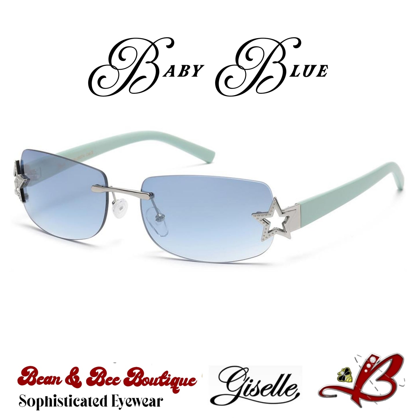 Giselle "Stargazer/Soñadora" Y2K Style Rimless Rectangular Sunglasses with Star Temple Accent in 6 Colorways Bean & Bee Boutique Sophisticated Eyewear TikTok Shop