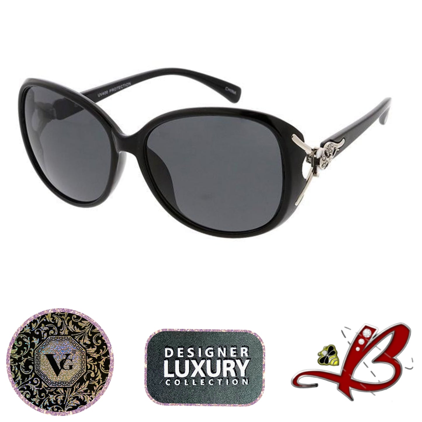 Large Frame Ladies Sunglasses with Fox Head Rhinestone Accent