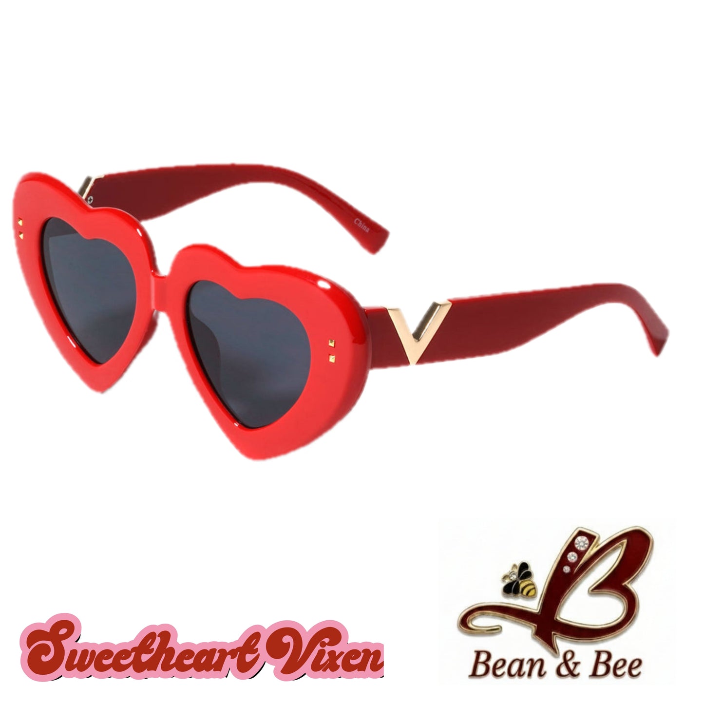 Sweetheart Vixen Shades  by Bean & Bee | Retro Heart-Shaped Sunglasses Statement Eyewear Glossy Frame with Gold V-Hardware Accent, Stud Details, Dark Tinted Lenses