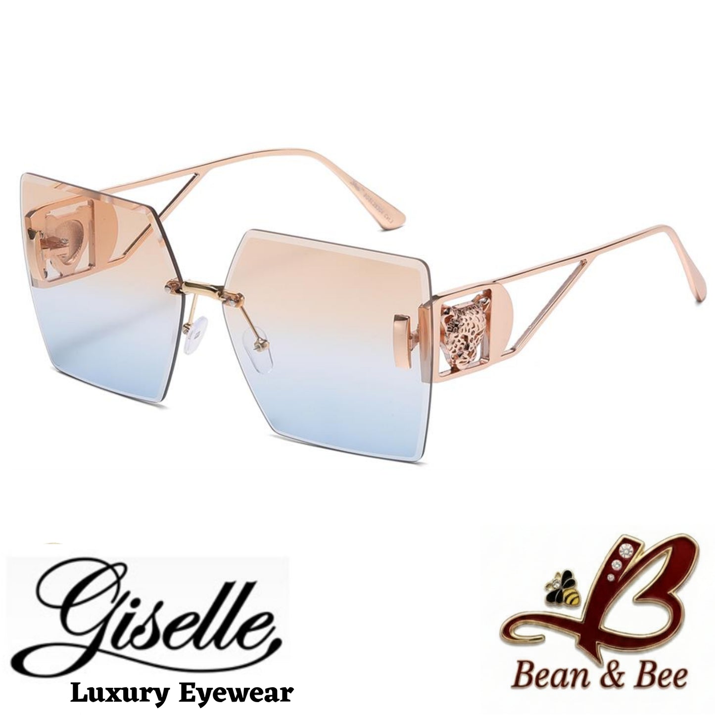 Giselle Cheetah Lux - Bean & Bee Boutique x Giselle Luxury Eyewear | Glamour Oversized Rimless Geometric Sunglasses with Gold Cheetah Temple Accents