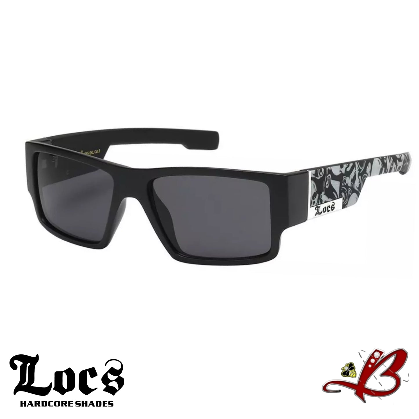 LOCS Mens Phantom Skull Matte Black Hardcore Cholo Shades Silver Accent Biker Full Frame With Skull Print Tough Guy's Sunglasses B&W Square Skull & Bones Temple Wrap Around Mens Womens Calavera y Huesos Lentes Para Hombres Mujeres | Original & Authentic